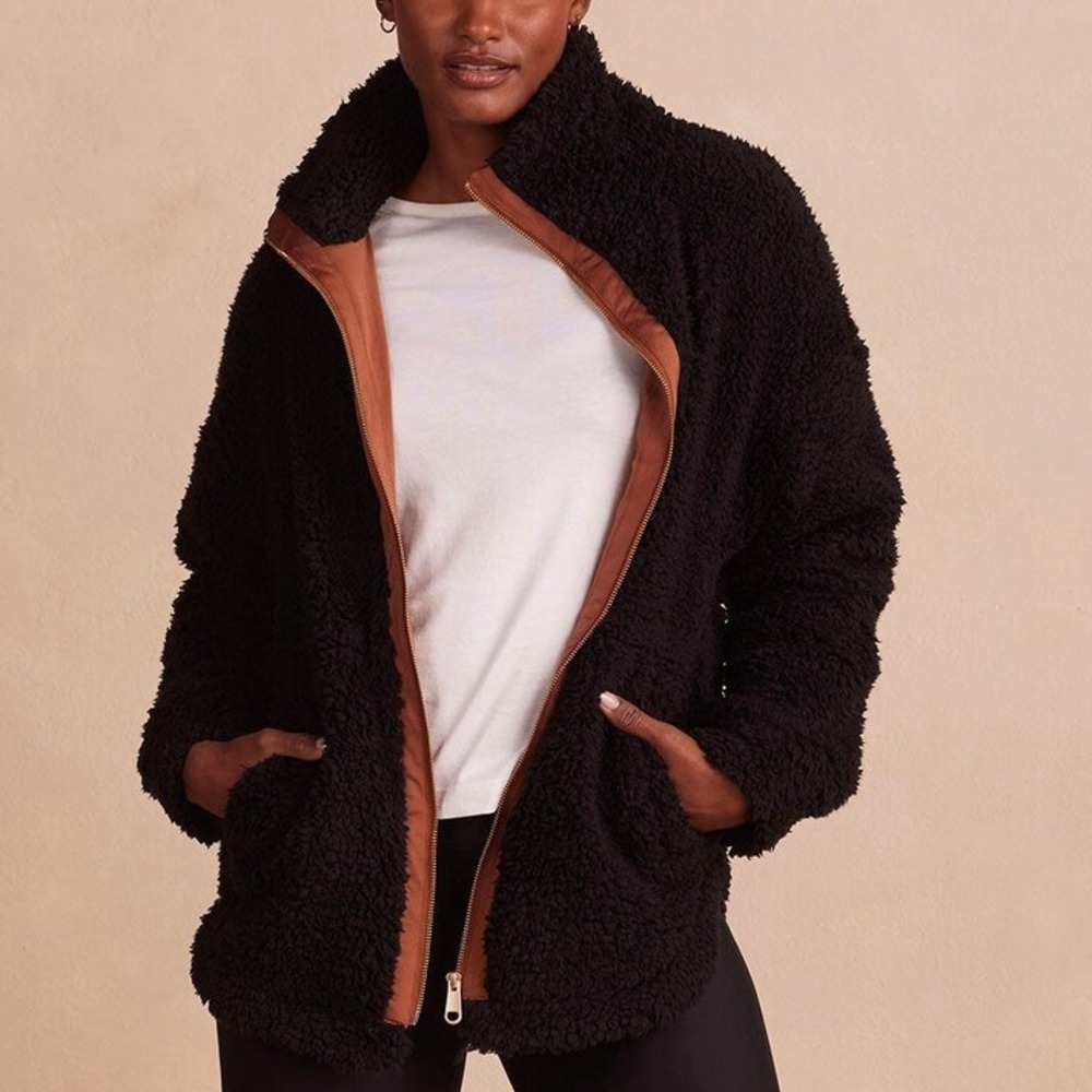 Summersalt The High Pile Full Zip Sherpa Jacket Black Brown Drawstring‎ M Teddy